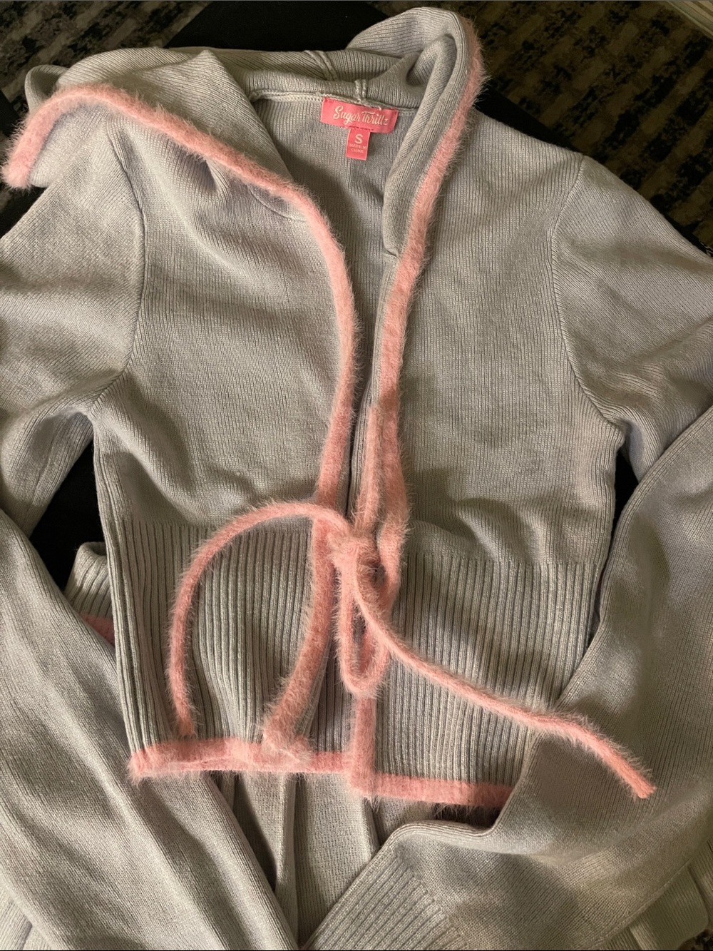 Sugar Thrillz Light Gray Hooded Cardigan with Pink Fuzzy Trim